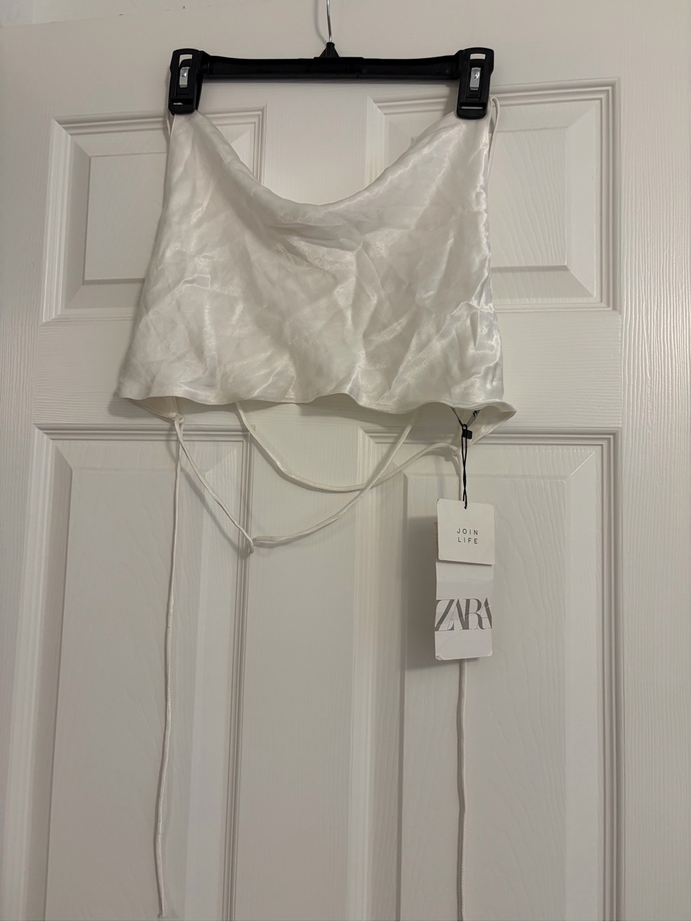 Zara White Satin Crop Top with Tie Straps